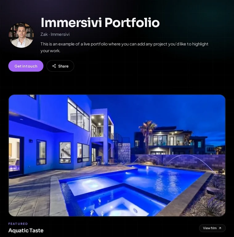 A public Immersivi portfolio page: profile, contact button and featured project